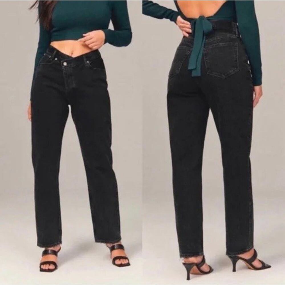 Abercrombie Fitch 29 8 Curve Love High Rise Dad Jeans Asymmetrical Waist Black - Picture 1 of 16
